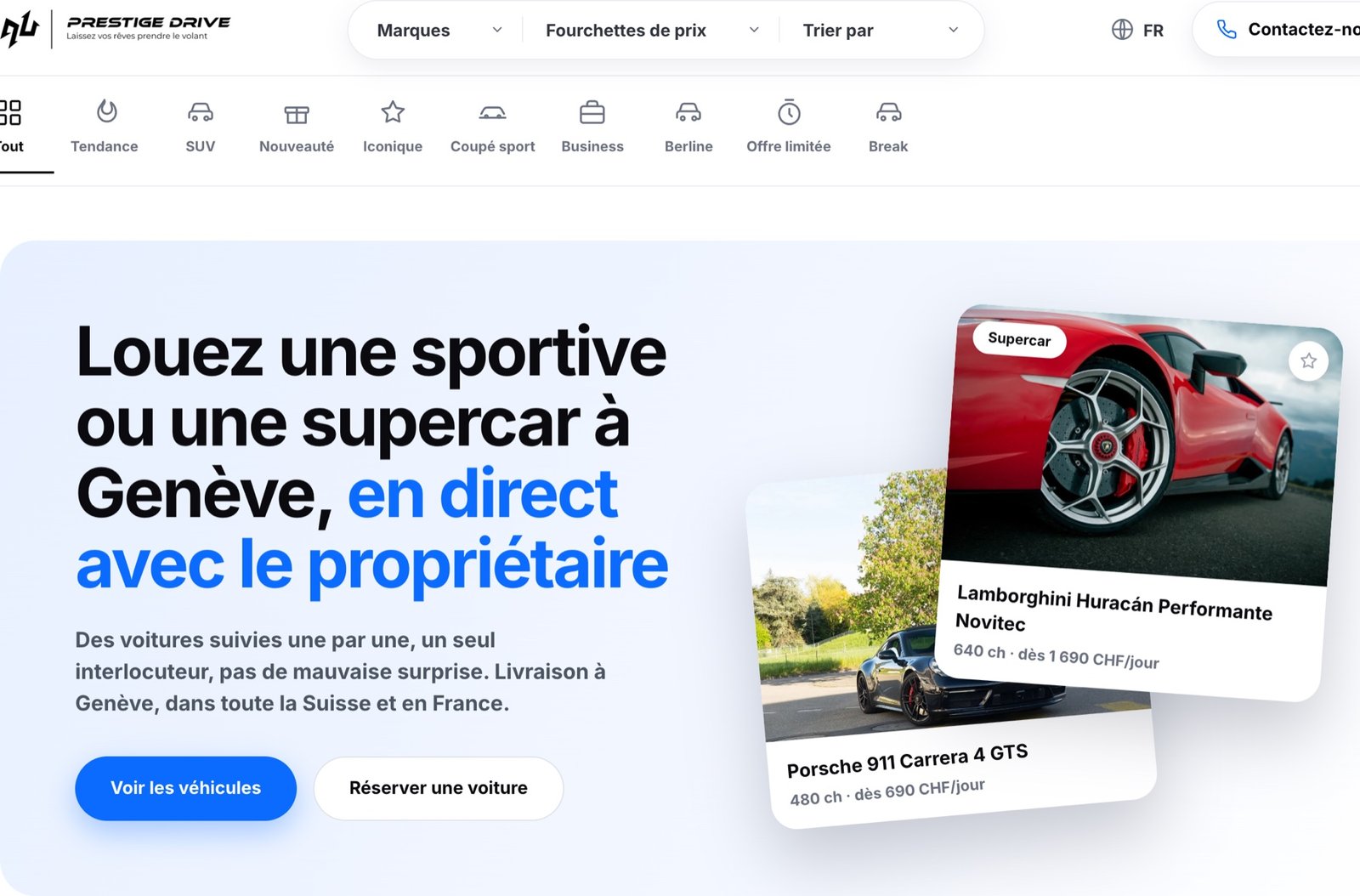 Prestige Drive : la vitrine et les filtres par catégorie