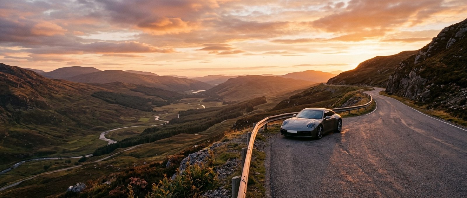 Route de montagne au coucher du soleil